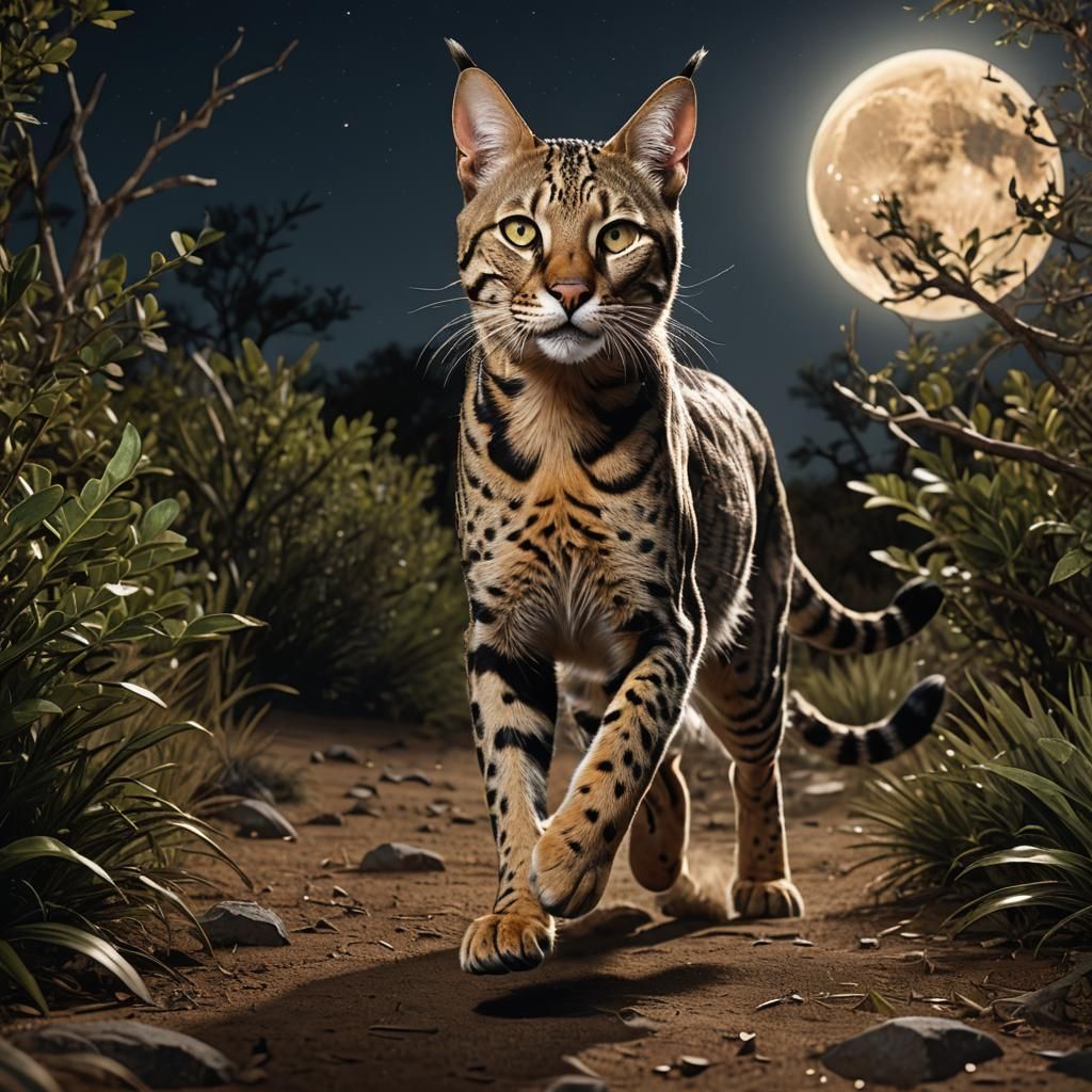 Epic Savannah Cat Running Under Full Moon