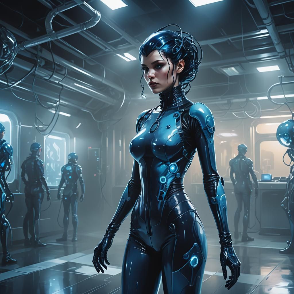 Cyberpunk Woman in Sci-Fi Lab Digital Painting