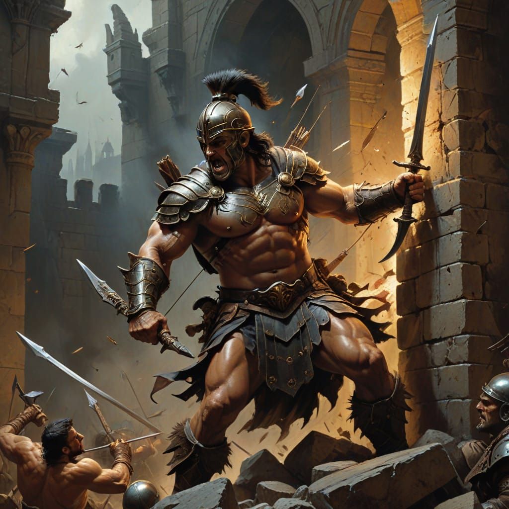Roman Gladiator Battles Castle Wall in Epic Combat Scene