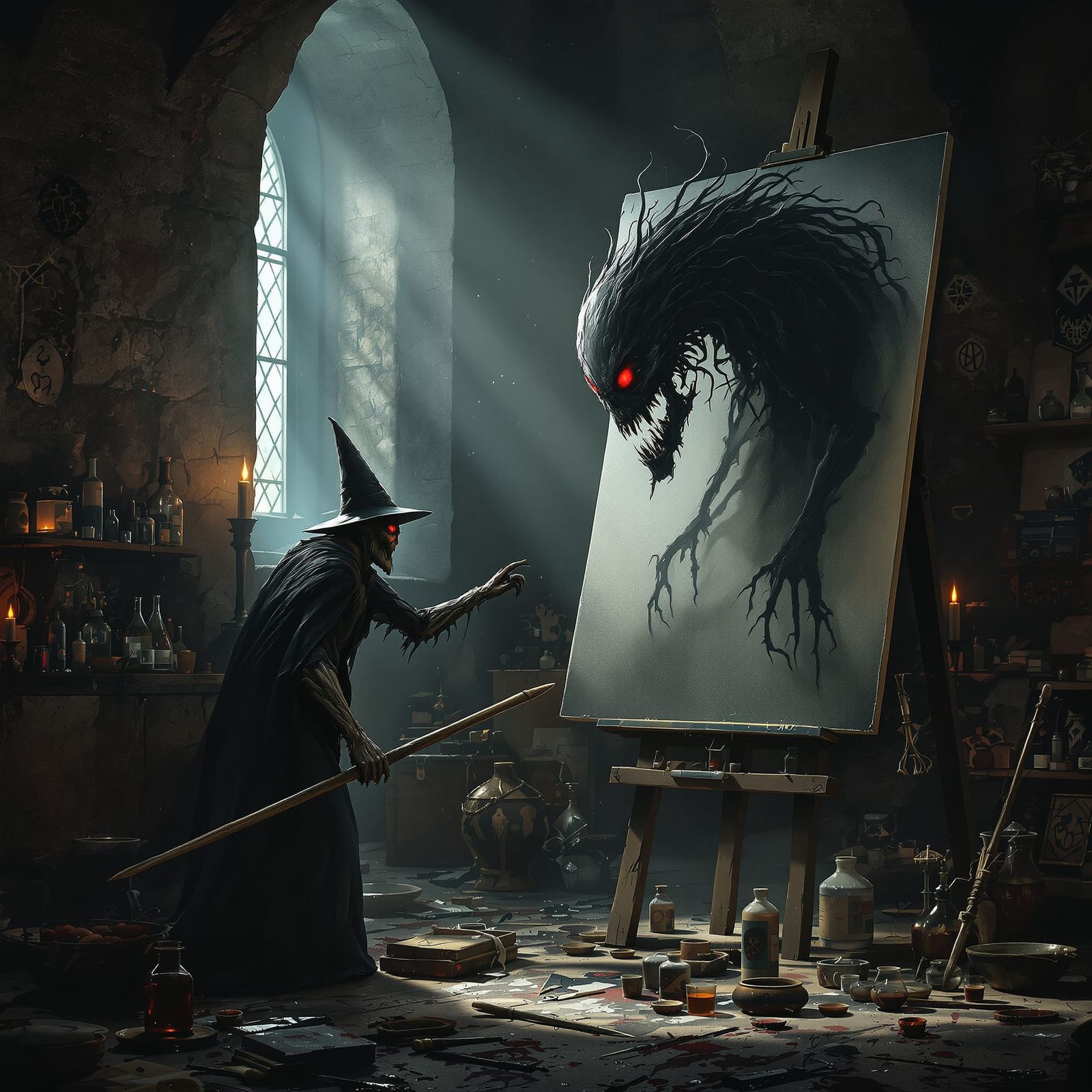 Dark Wizard Paints Shadow Monster to Life in Workshop