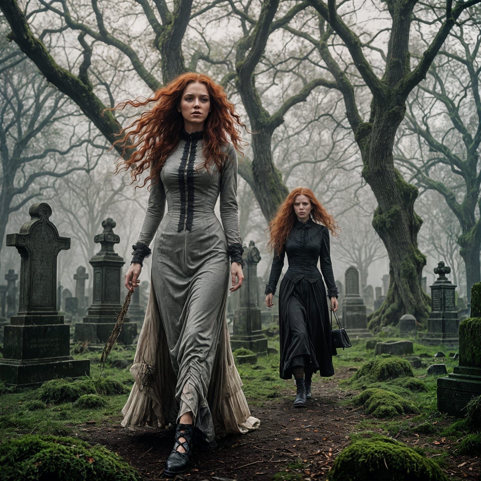 Eerie Cemetery Scene with Woman in Mourning