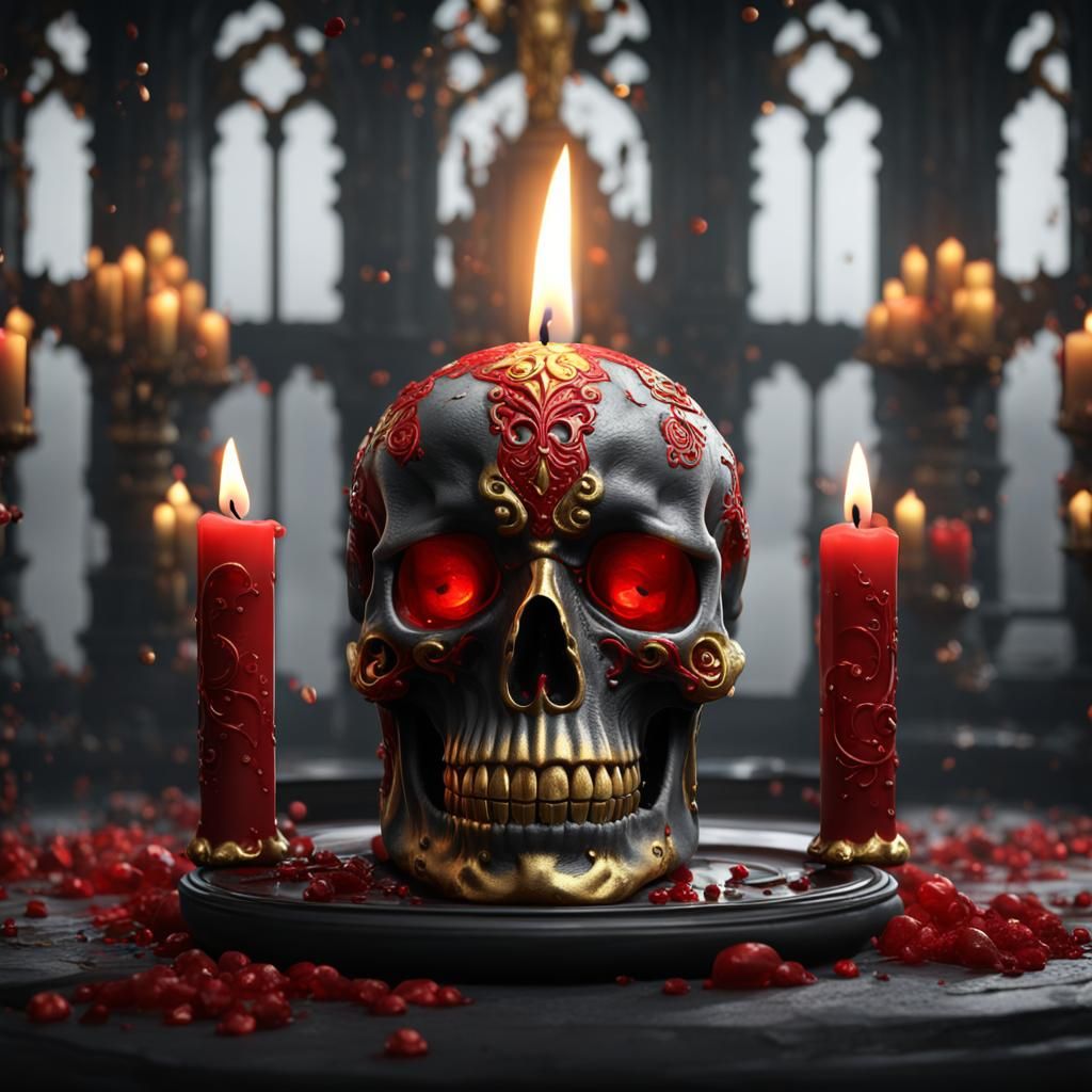 Detailed Skull Candle in Red, Black, Gray, and Gold