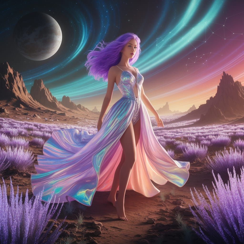 Woman with Purple Hair in Alien Landscape