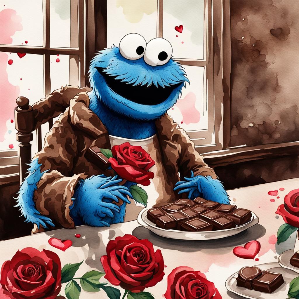 Cookie Monster Portrait in Candy Shop, Digital Watercolor