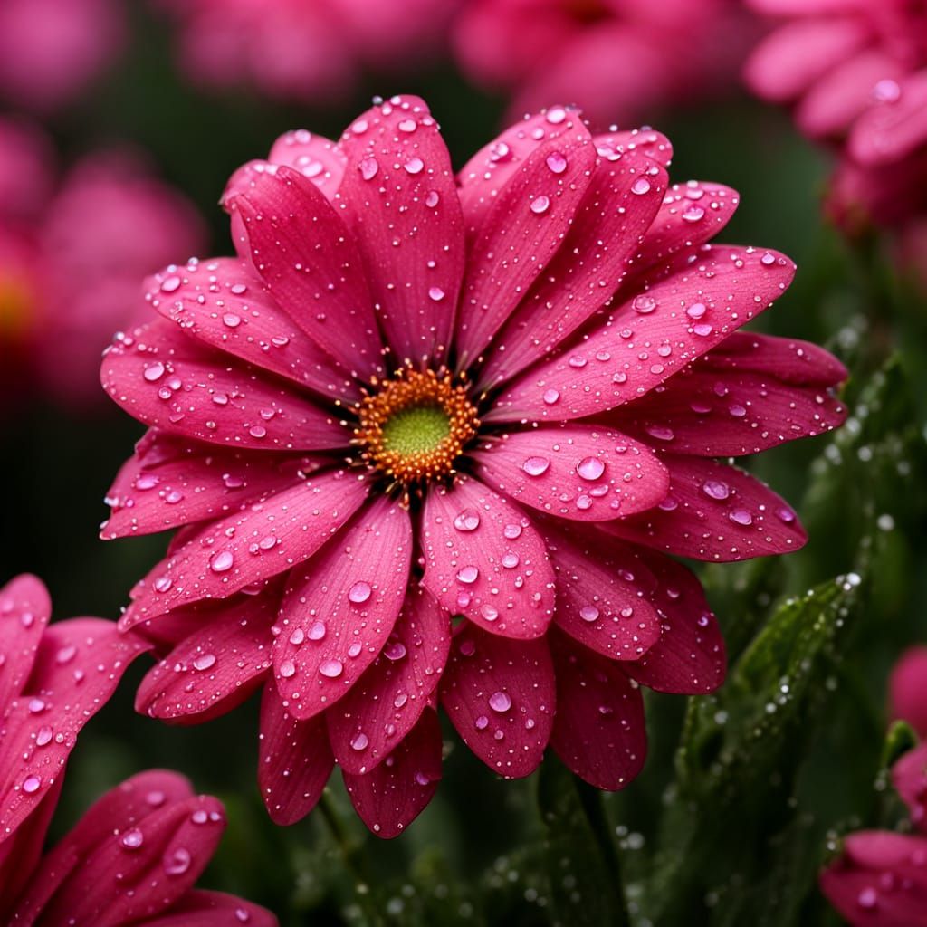 Close-Up of Pink Flower with Dew Drops