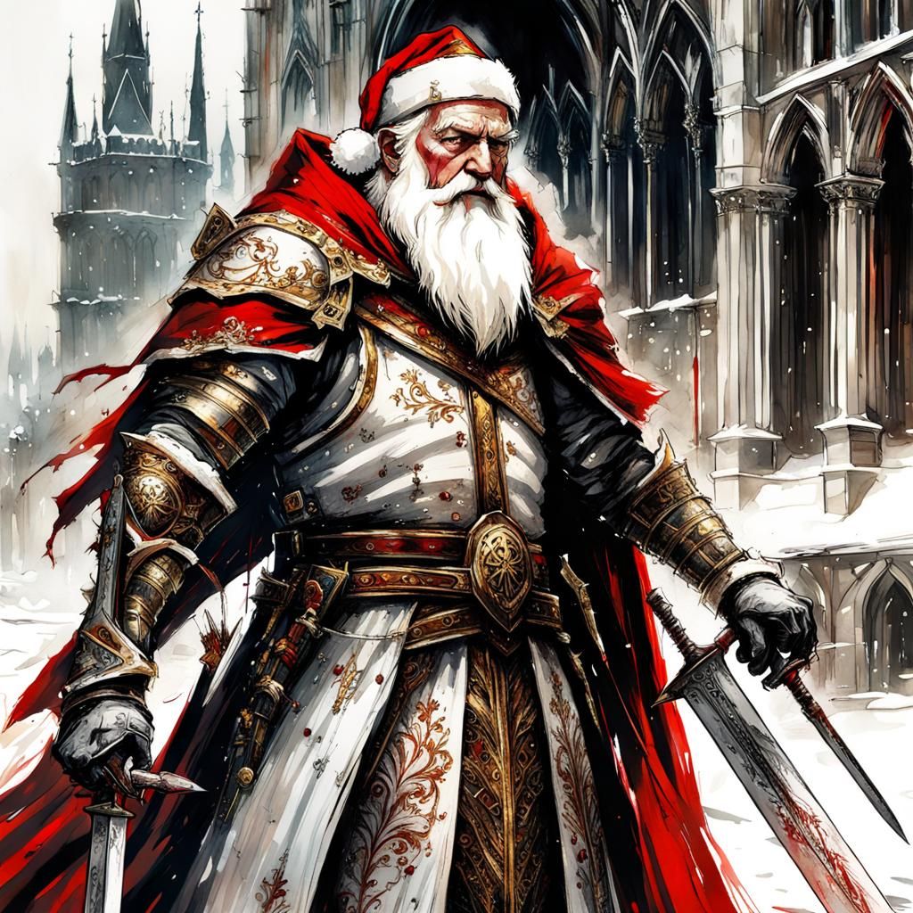 High Gothic Father Christmas Knight in Snowy Field