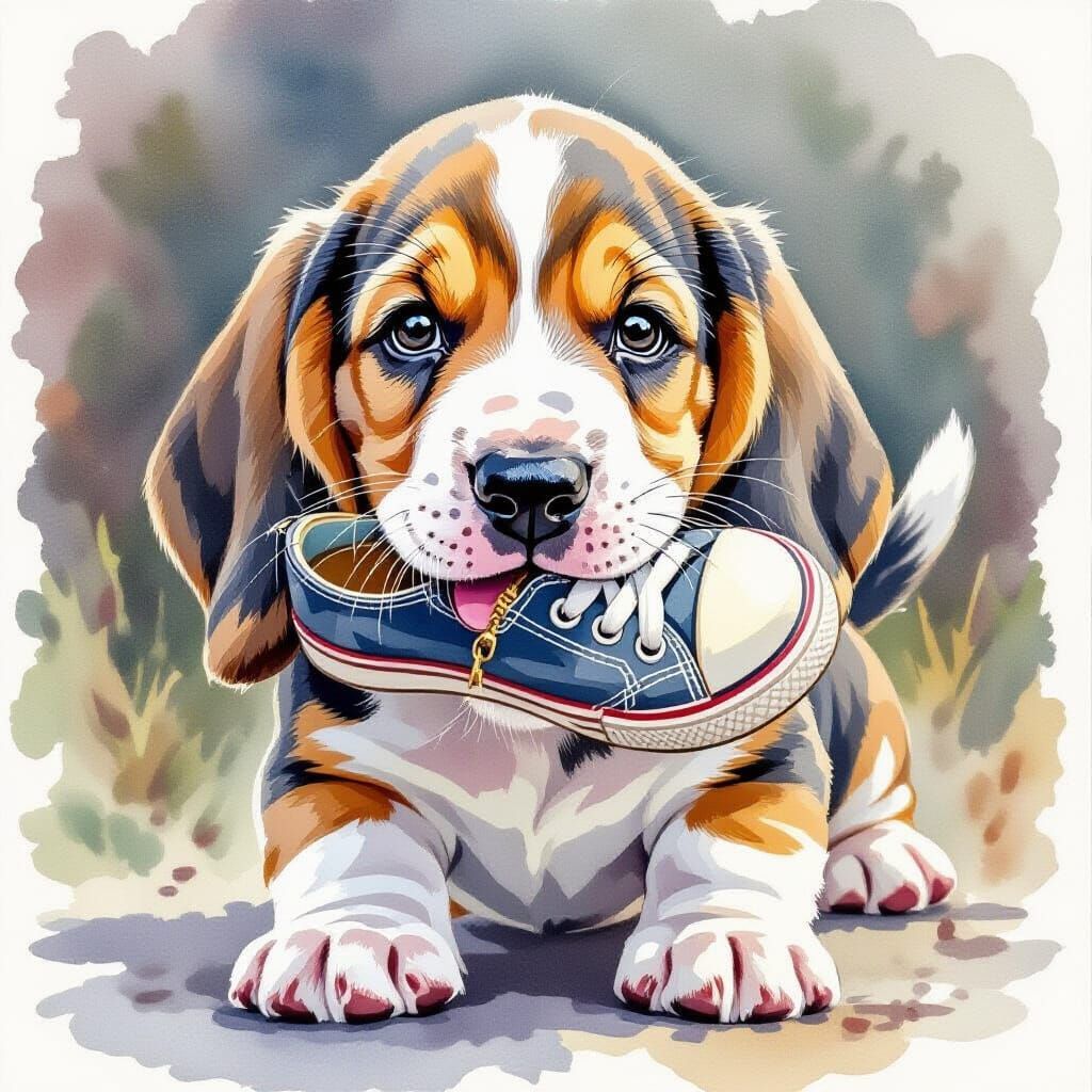 Playful Basset Hound Puppy with Shoe in Watercolour