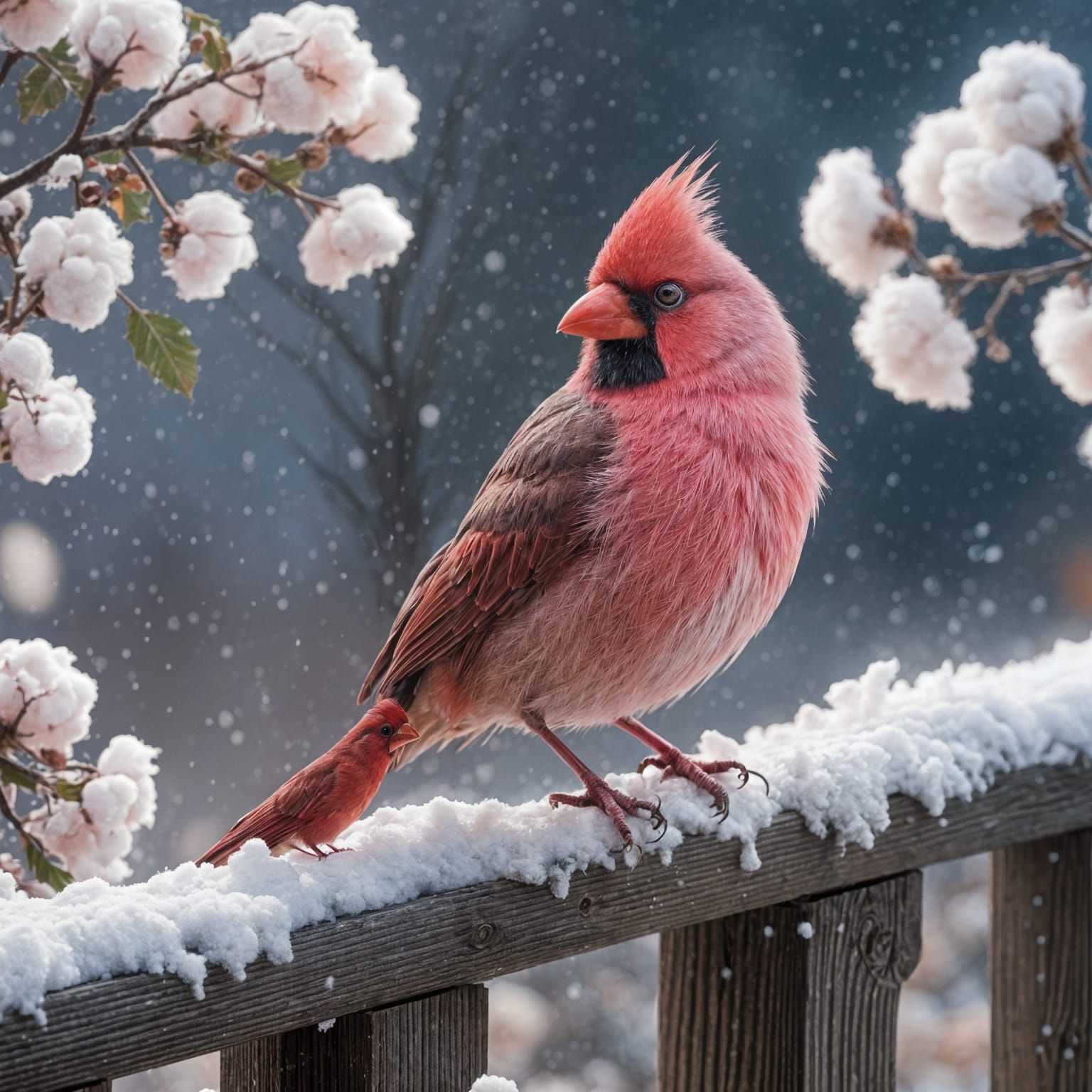 Whimsical Cardinal in Pastel Hues on Snowy Christmas Fence