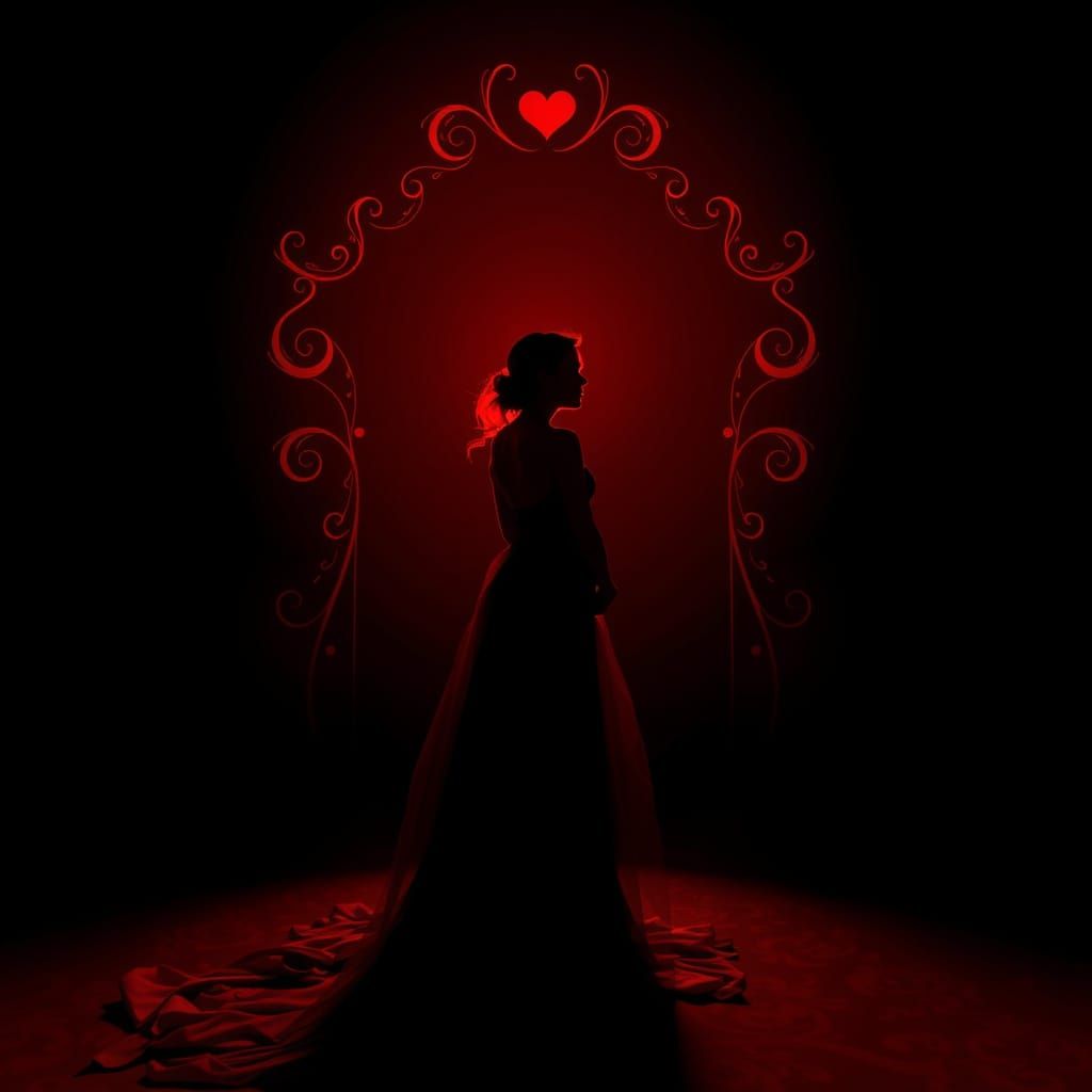 Enigmatic Woman Illuminated by Red Hues in Dark Portal
