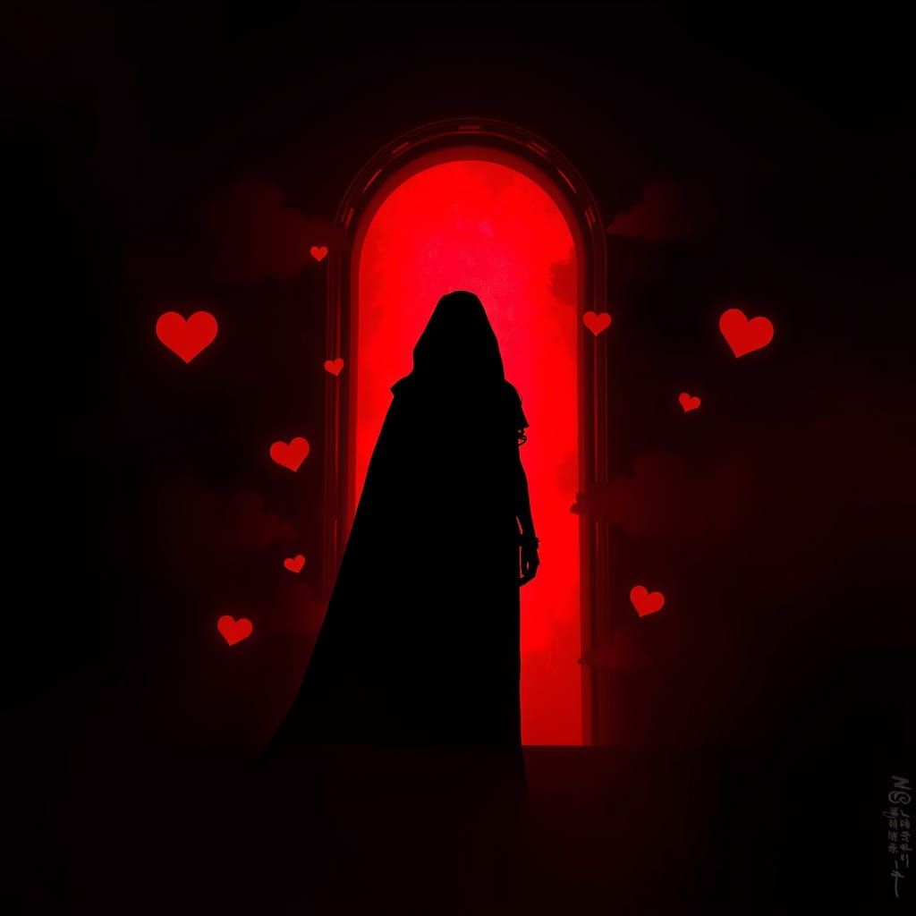 Mysterious Woman at Crimson Portal Threshold