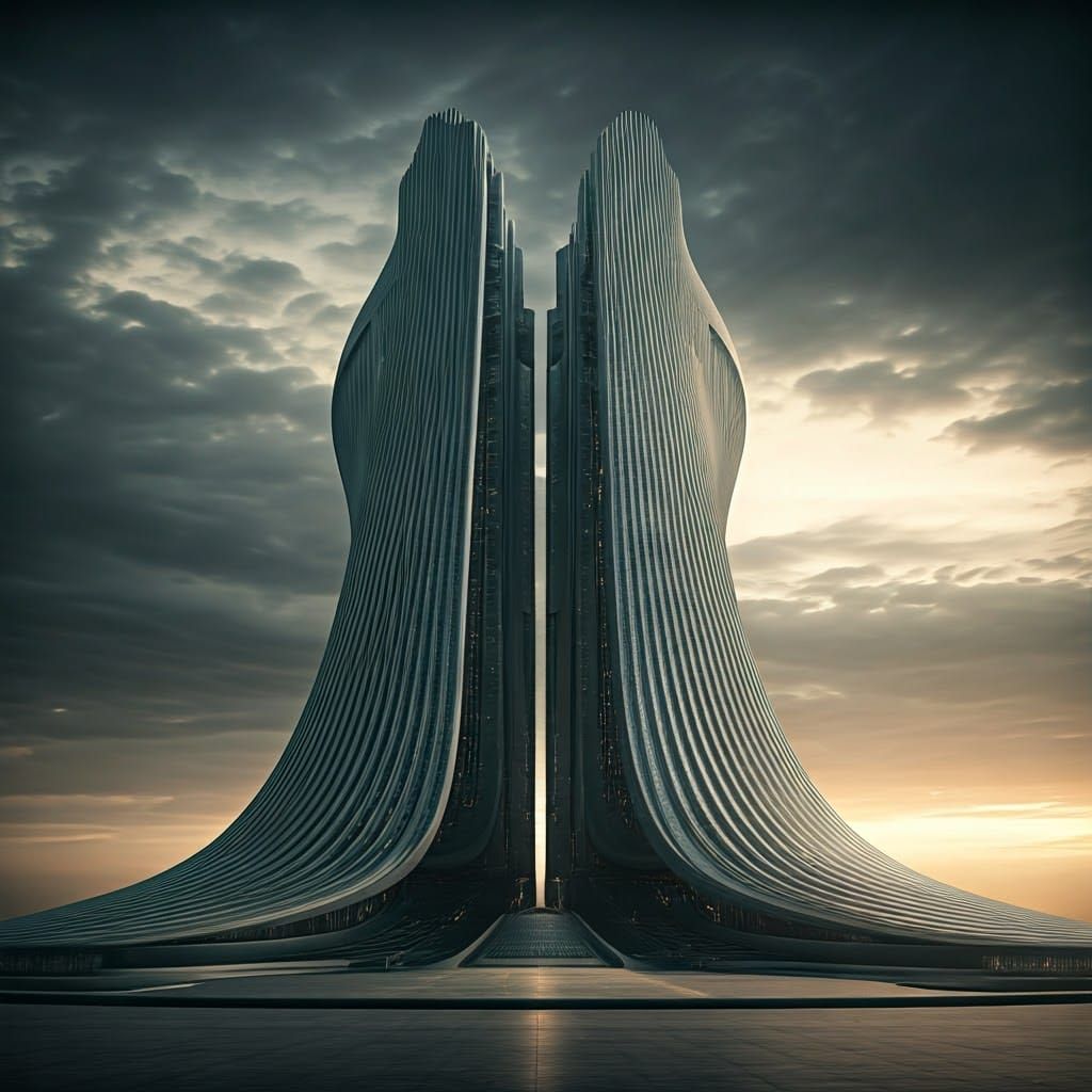 Sleek Futuristic Megastructure in High-Contrast Cityscape