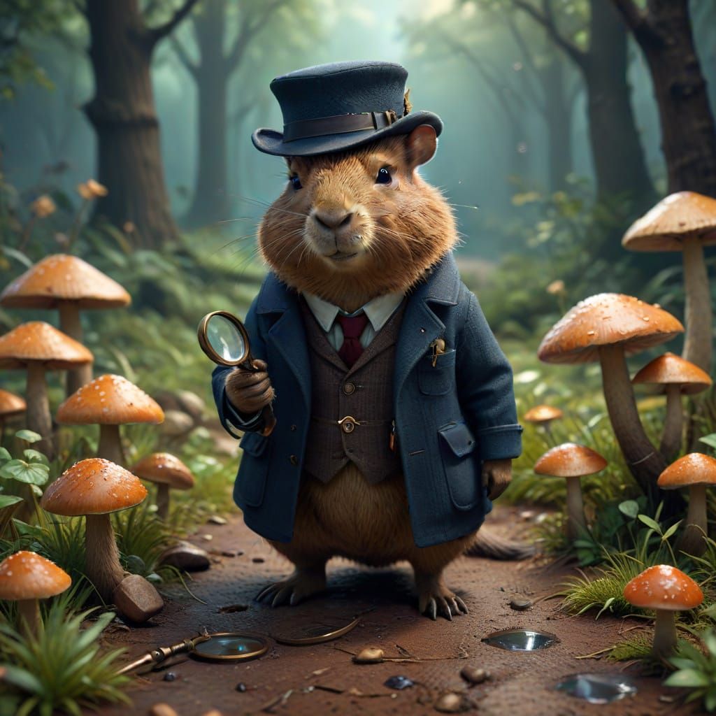 Cute capybara in the style of a detective like Sherlock Holmes, holding a magnifying glass studying toadstools on the gr...
