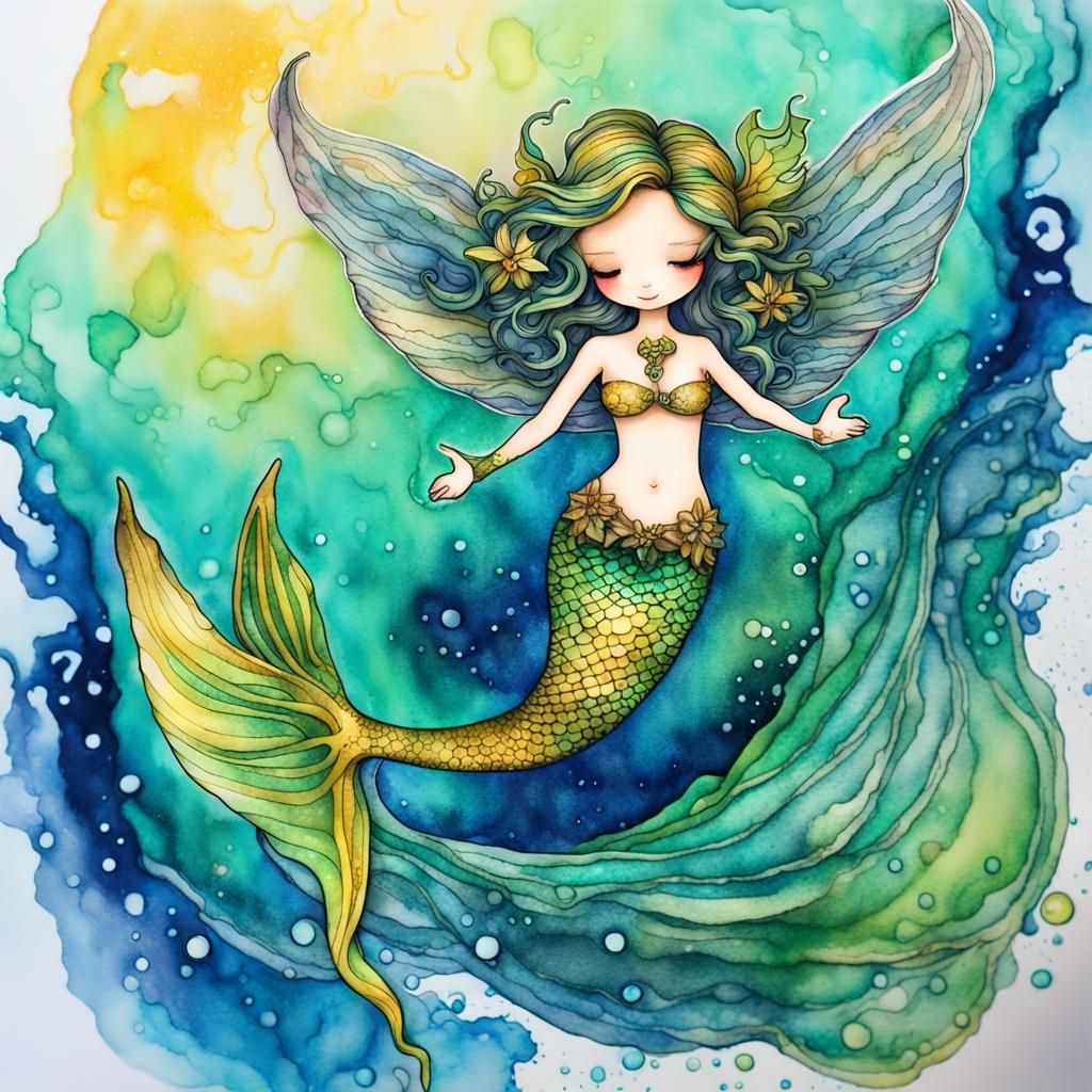 Chibi Mermaid with Glowing Wings Over Celestial Ocean