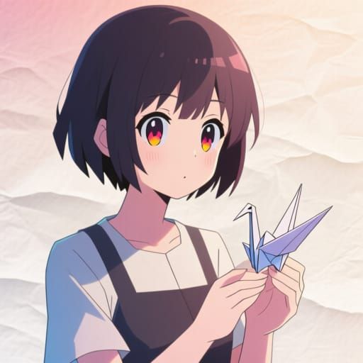 Origami Manga Girl Holding Crane in Anime Style