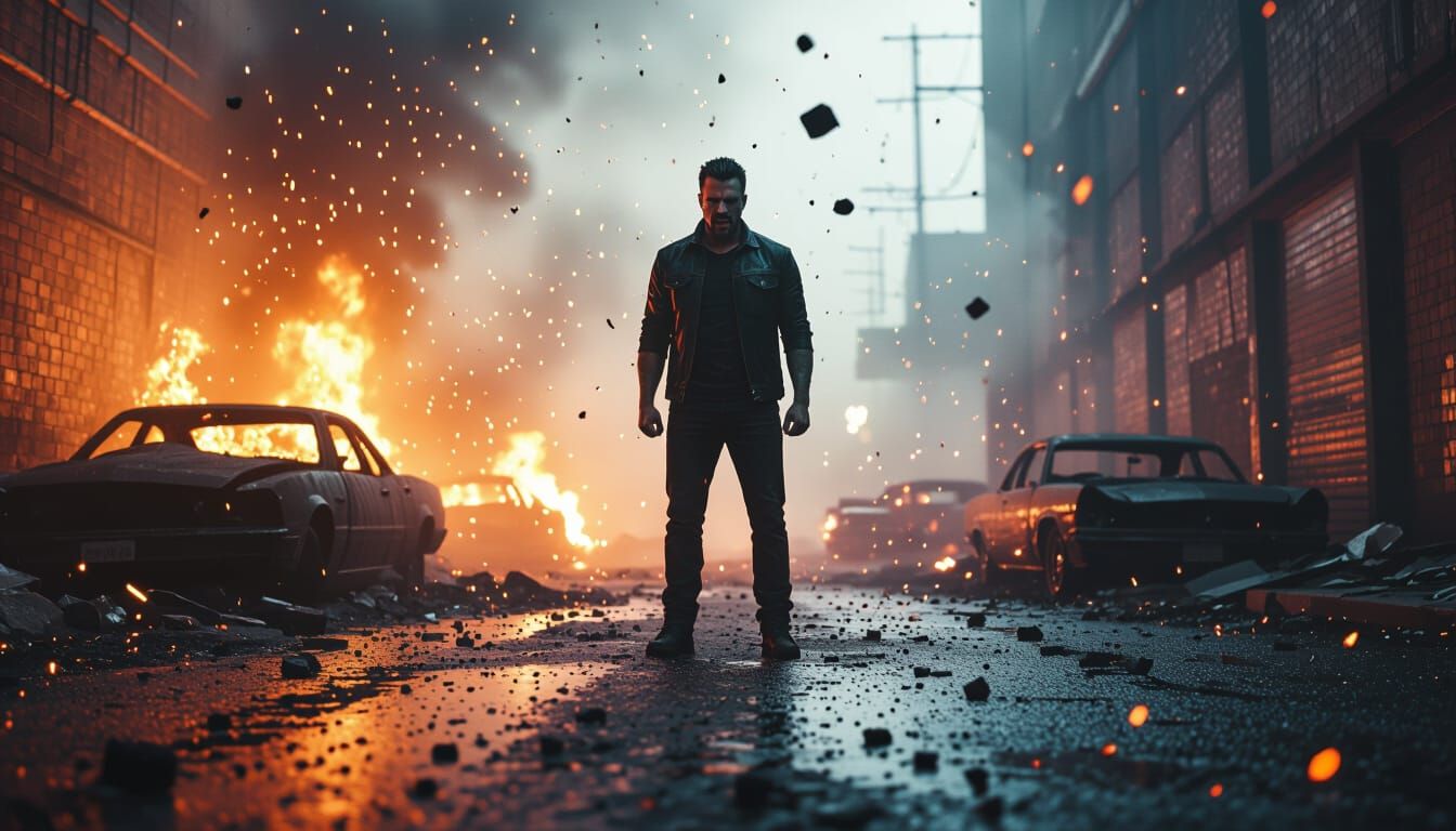 Man in Fiery Industrial Alley, Rage and Determination