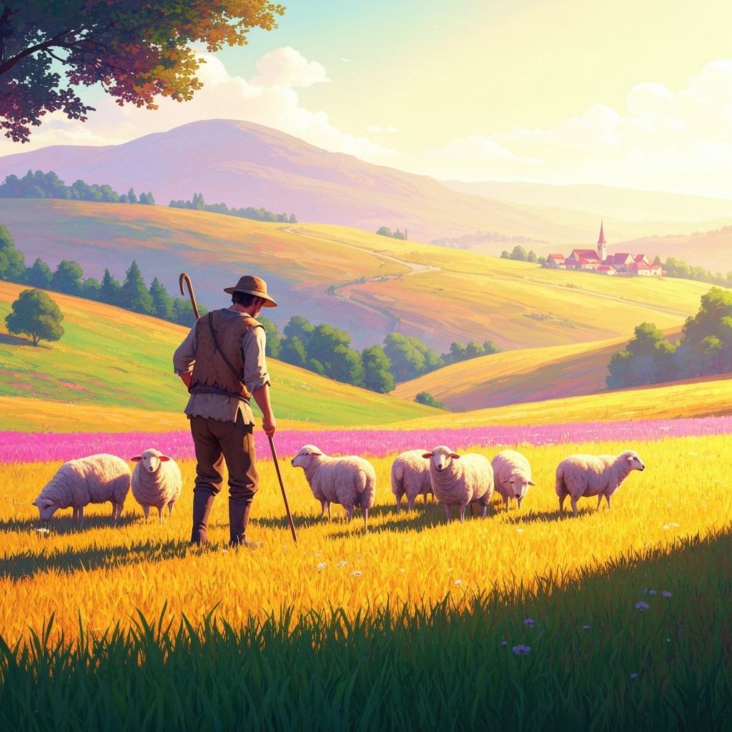 Shepherd and Sheep in Golden Meadow Art