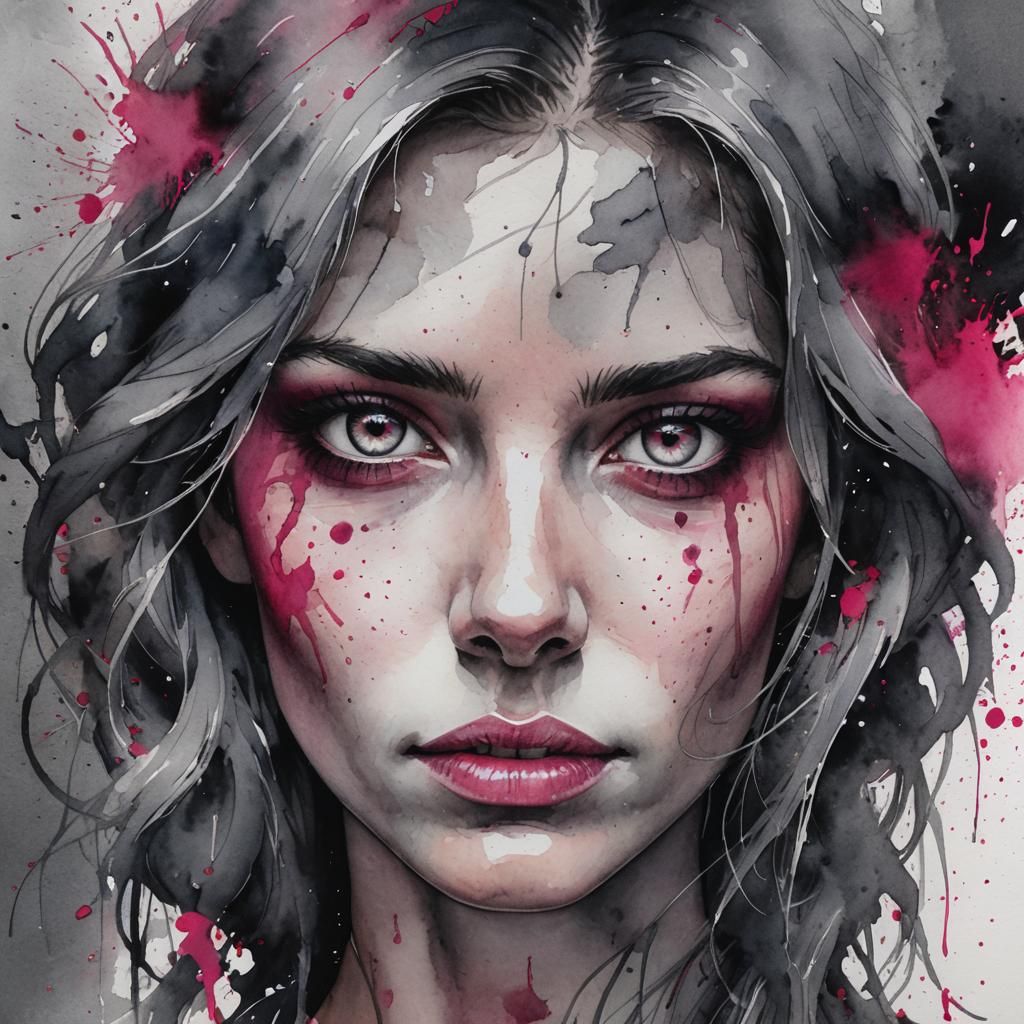 Watercolor Portrait of Woman with Pink Eyes