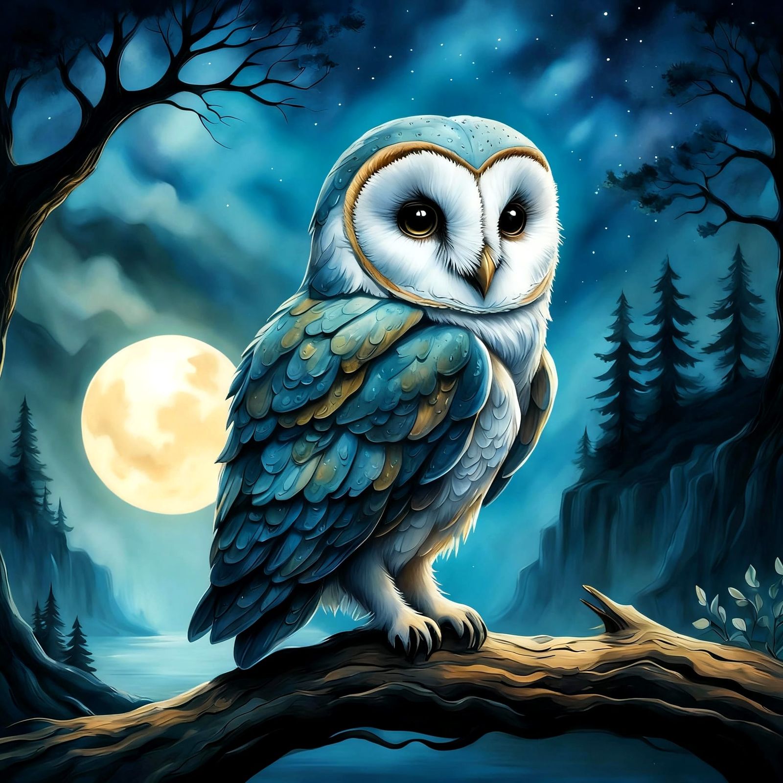 Chibi Barn Owl in Magical Tree Hollow