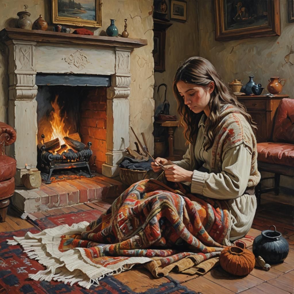 Girl Knitting Blanket by Fireplace: Oil Painting