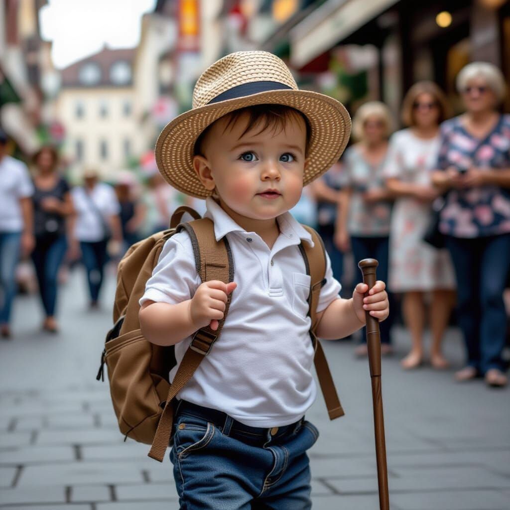 Baby Explorer Amazes Onlookers With Straw Hat and Backpack