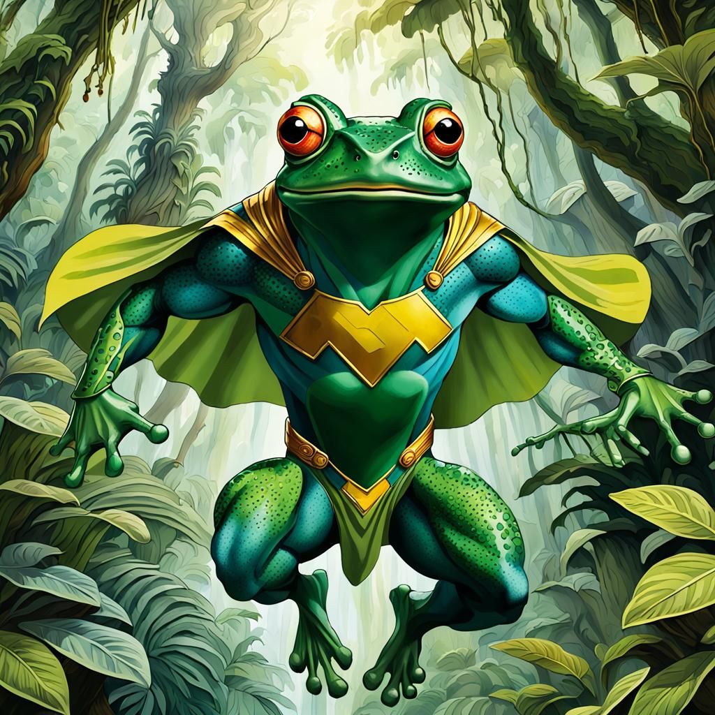 Frog Superhero Leaps Through Jungle Canopy