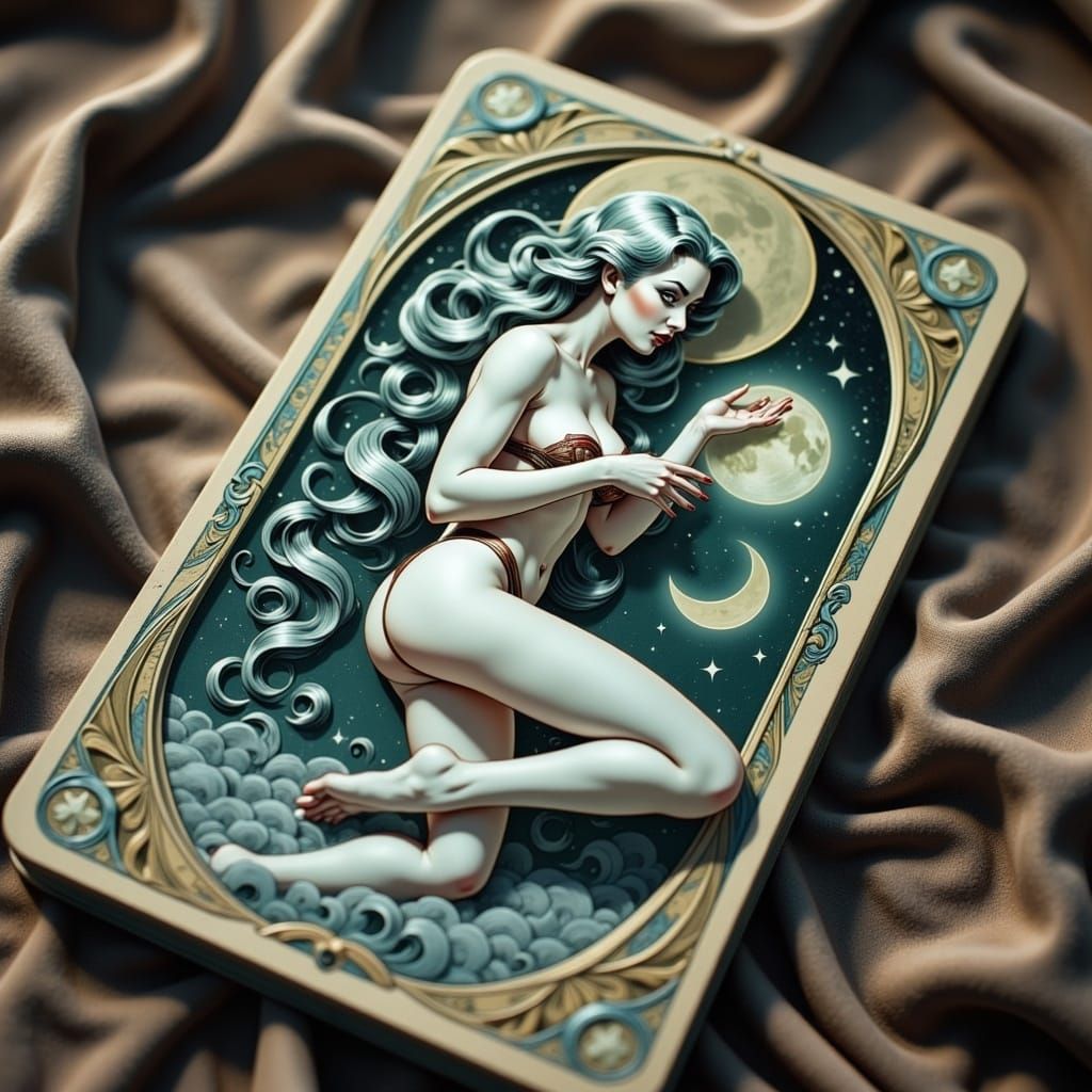Luminous Moon Goddess Tarot Card in Art Nouveau Style