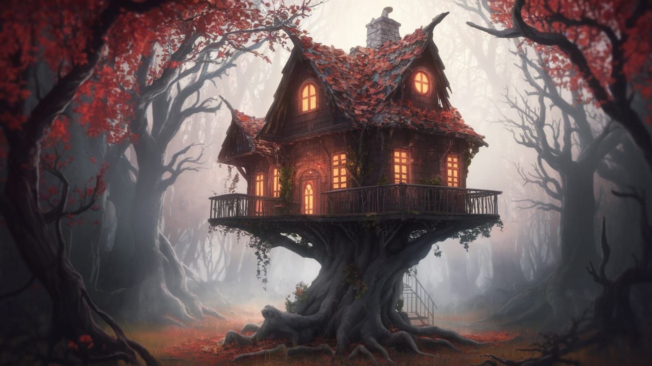 Whimsical Treehouse in a Mystical Autumn Forest