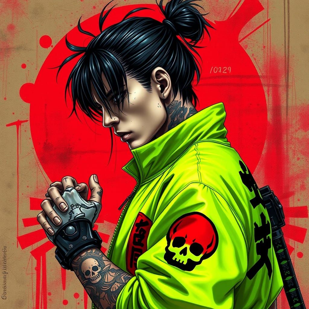 Futuristic Streetwear Samurai with Cyberpunk Katana