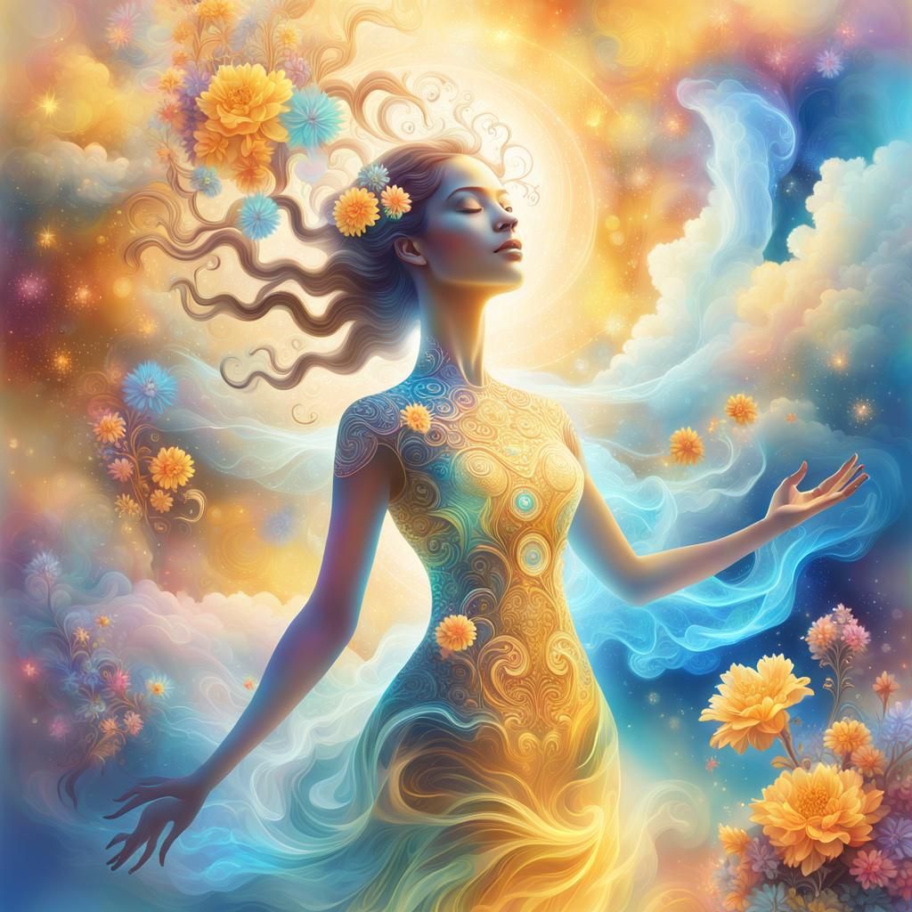 Astral Cosmic Hologram of Woman Ascending to Clouds