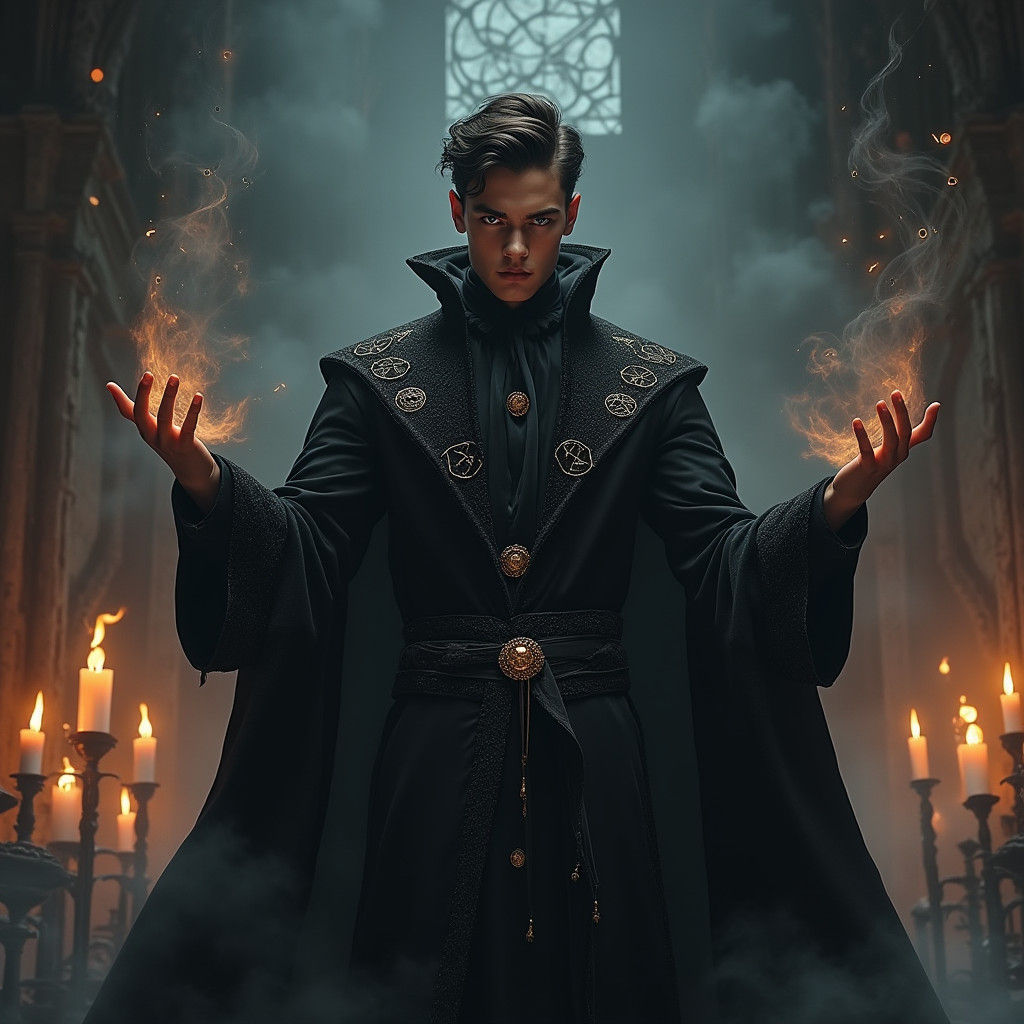 Mystical Warlock Casting Spell in Dark Chamber