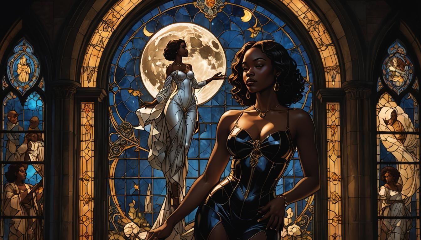 Curvy Woman in Gothic Bedroom with Moon