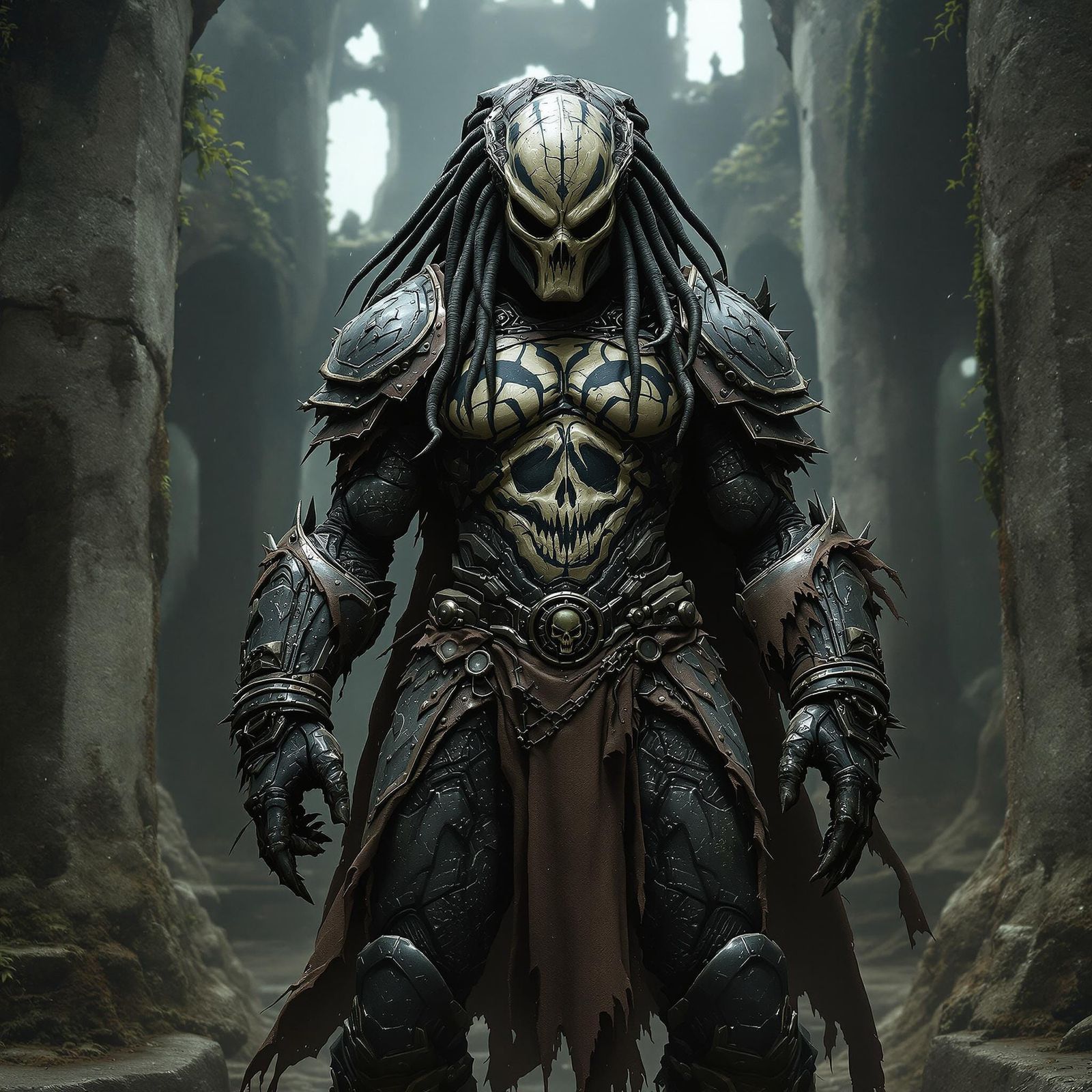 Menacing Yautja Predator in Power Armor, War-Torn Castle Bac...