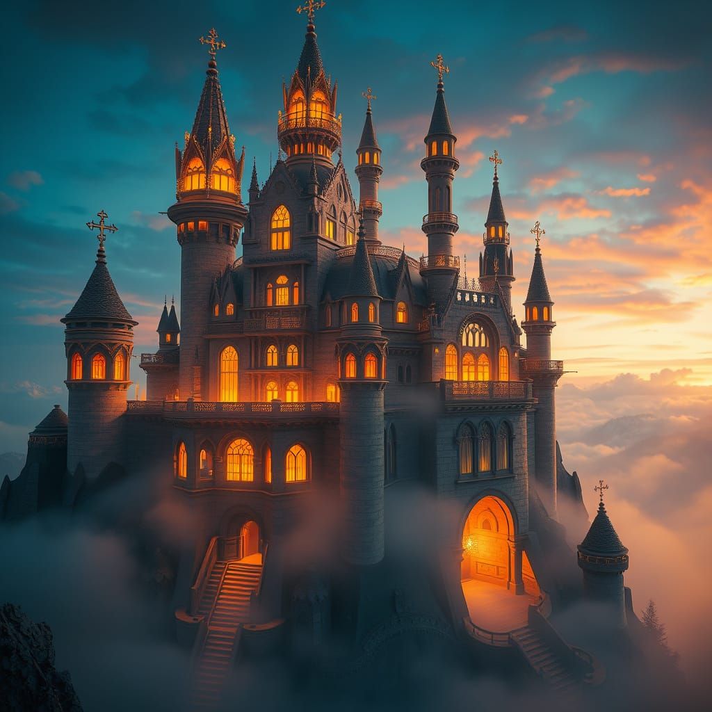 Dreamlike Castle in the Sky with Ethereal Luminescence