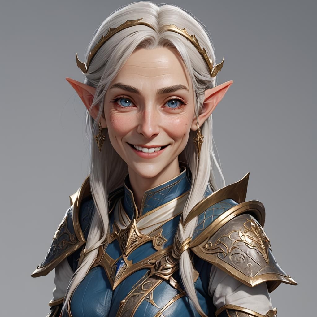 Smiling Elderly High Elf in 3D Anime Style