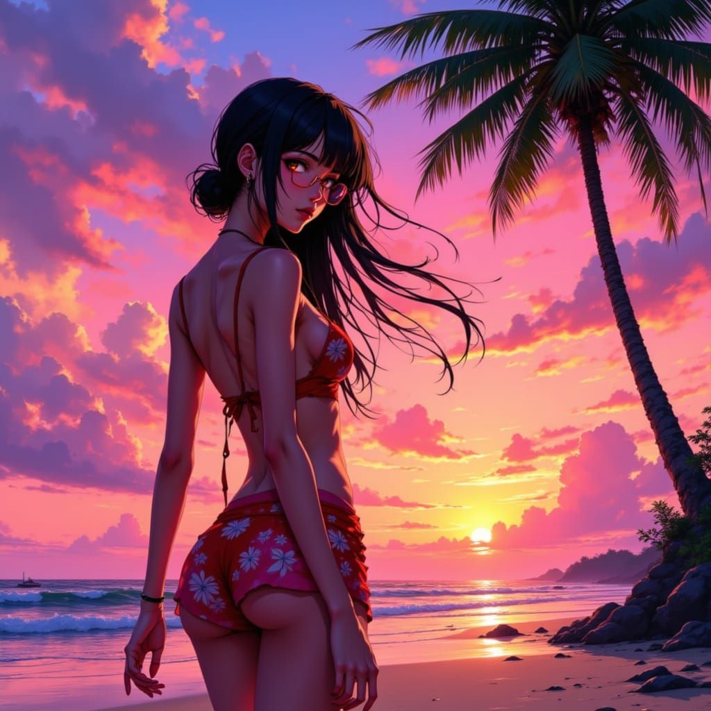 Anime Woman on Tropical Beach at Sunset