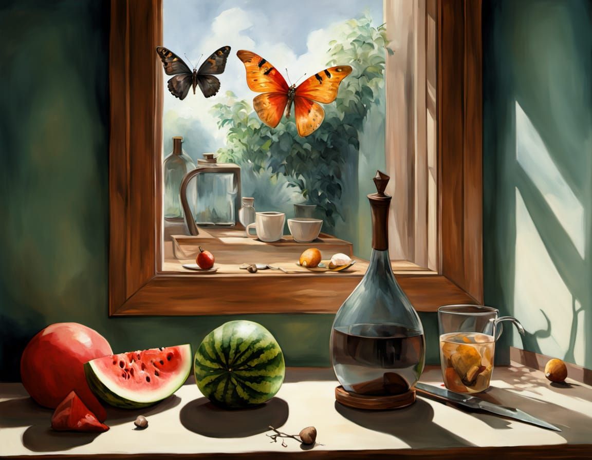 Surreal Window View with Shadowy Figure in Gouache