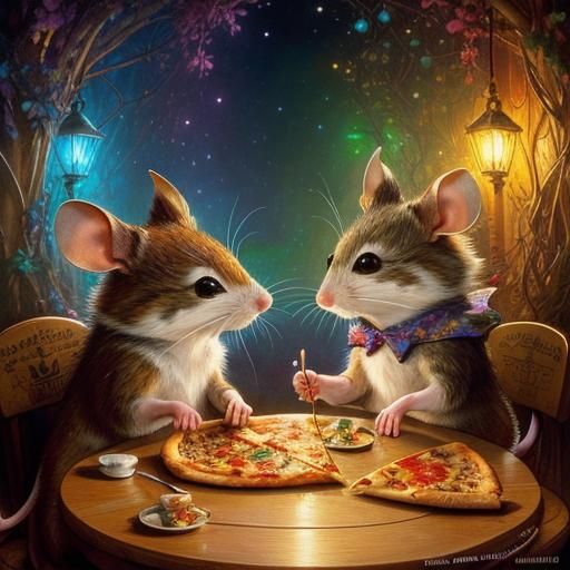 Cute Mice Eating Pizza: Anime Storybook Illustration