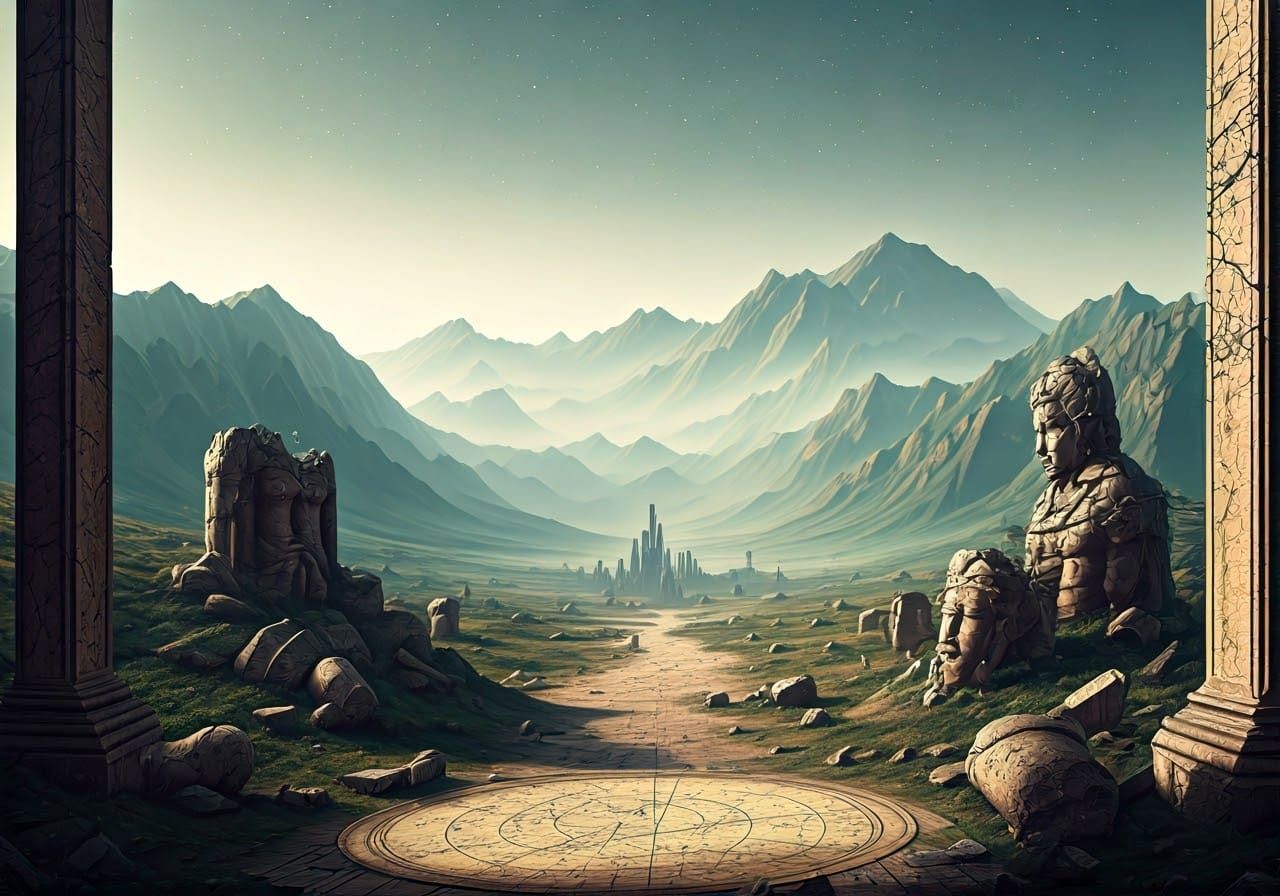 Misty Valley of Forgotten Giants in Surreal Style