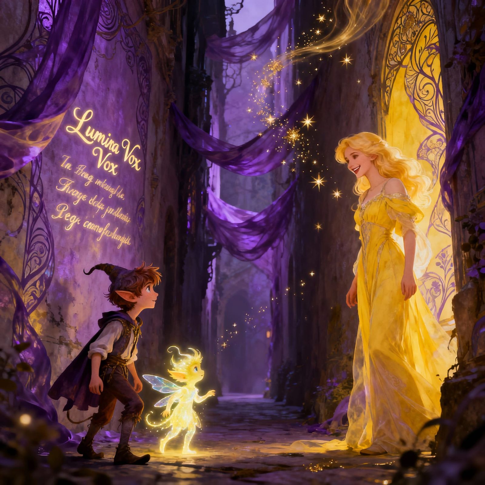 Magical Alley with Lady and Glowing Sprite