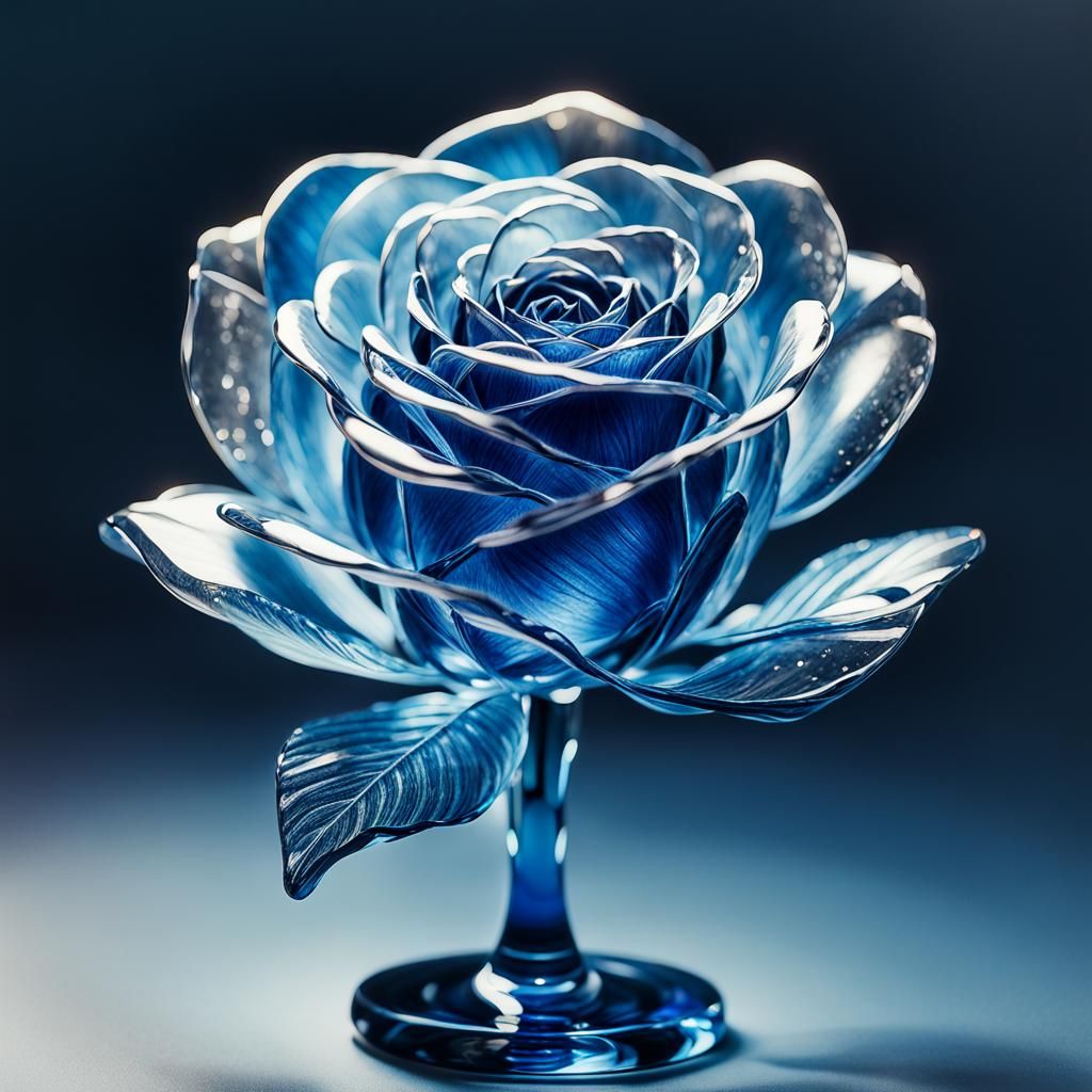 Blue Glass Rose Sculpture in Dimly Lit Room