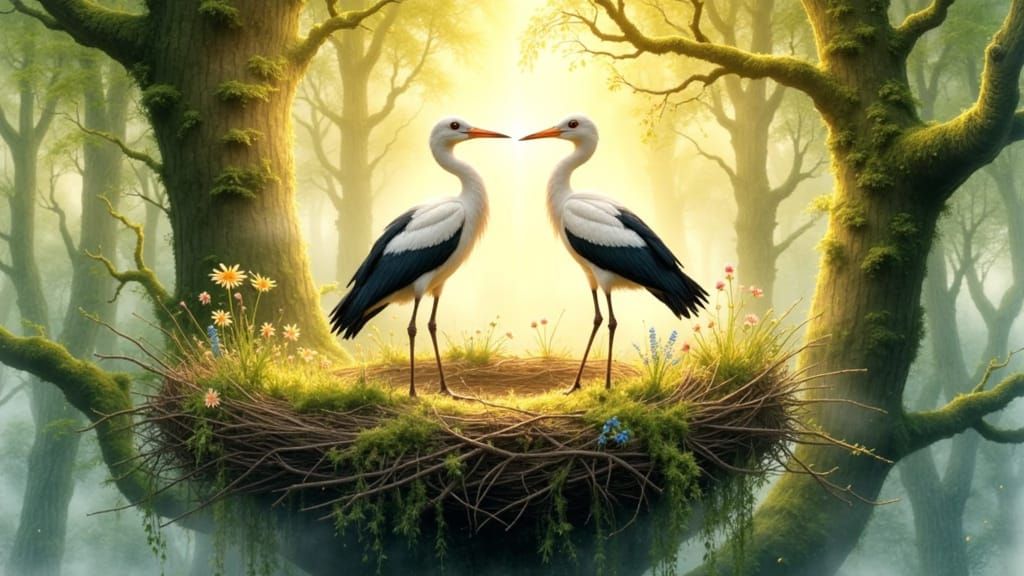 Cozy Storks in Enchanted Forest Watercolor