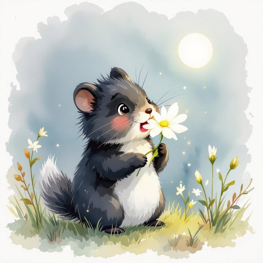 Whimsical Creature Eats Magic Flower in Watercolor Style