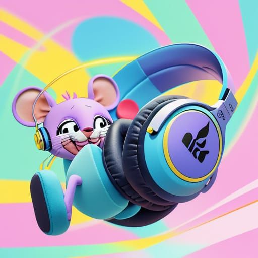 Cartoon Mouse Jumping with Headphones in Digital Art