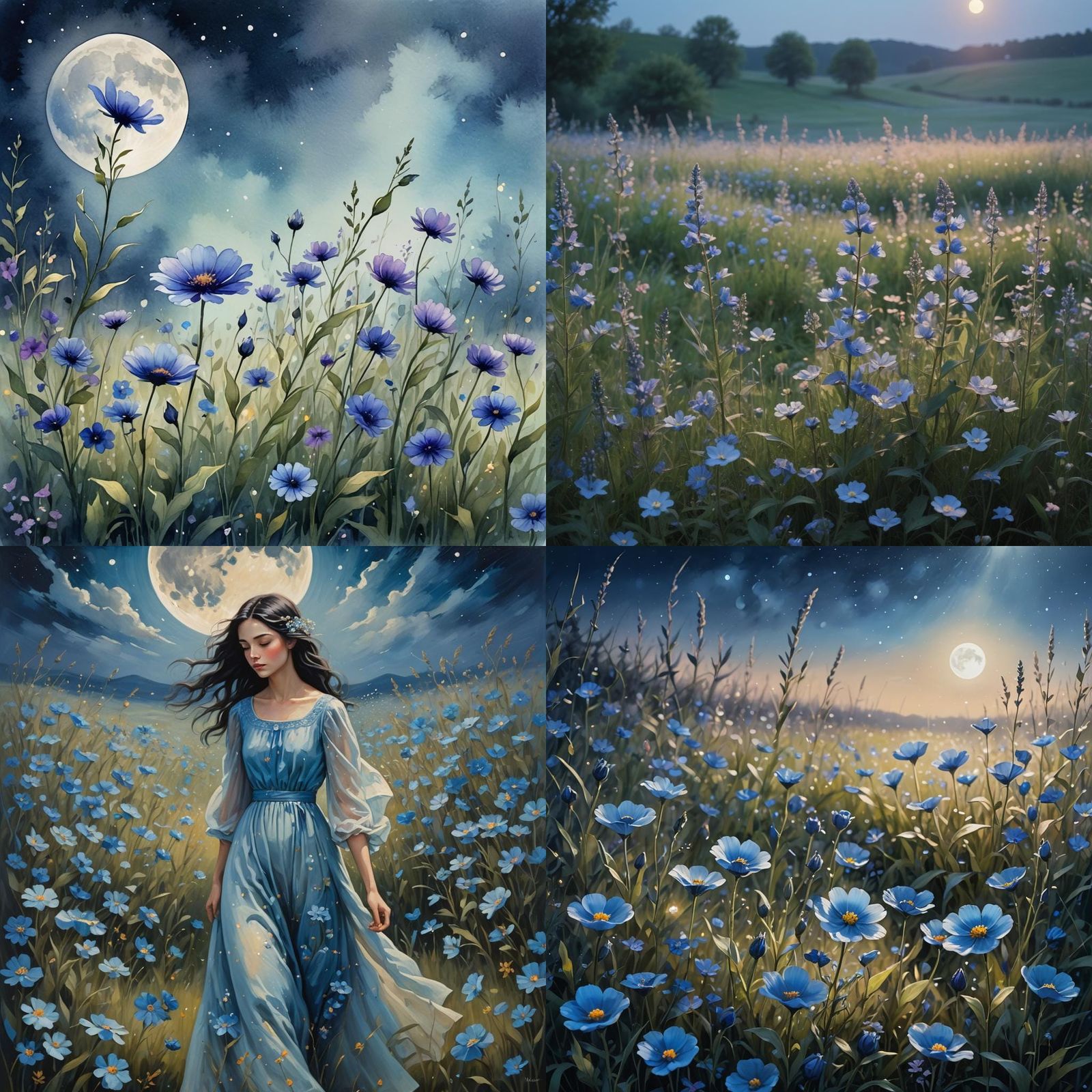 Blue Flower Meadow Under Full Moon