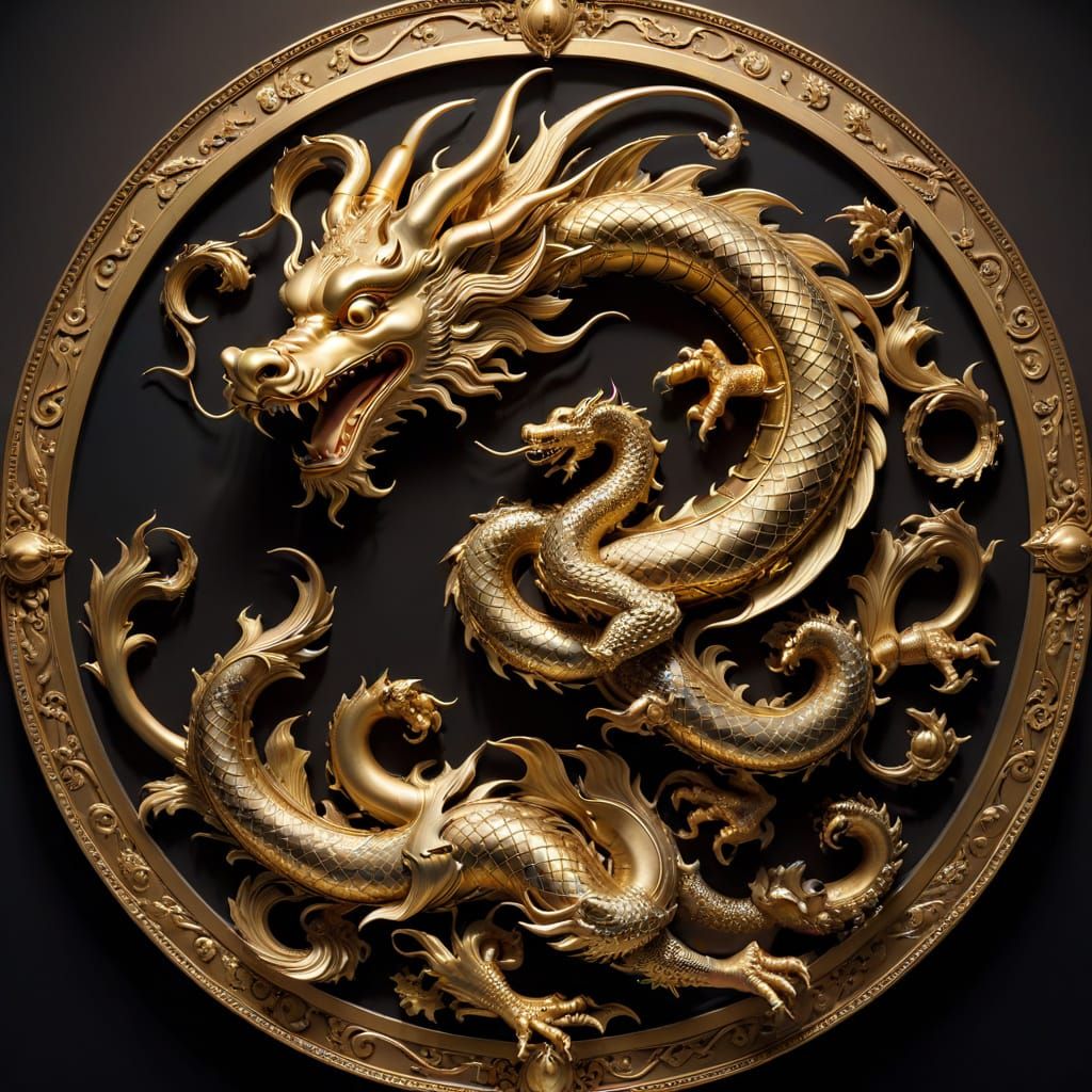 Gold Yin-Yang Symbol with Dragon, Baroque Style