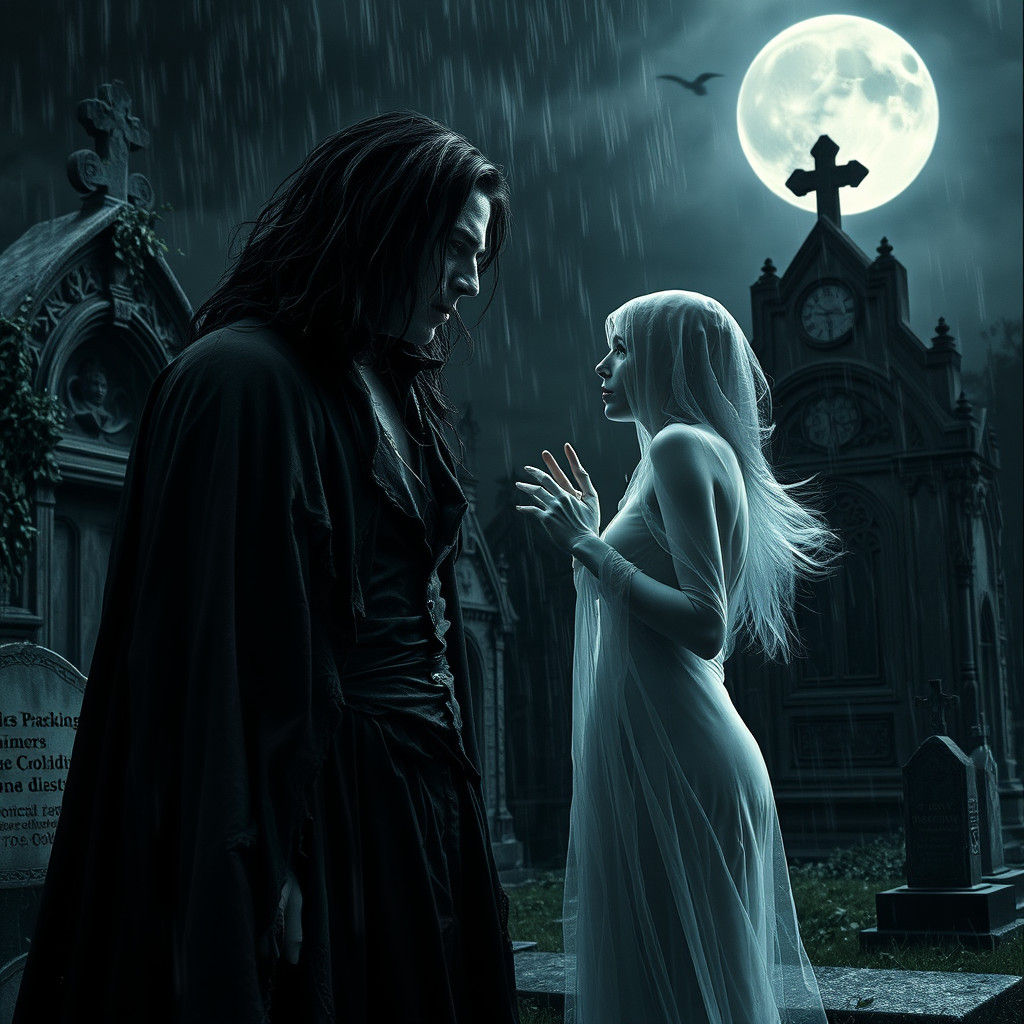Gothic Vampire and Ghost Conversation in Cemetery