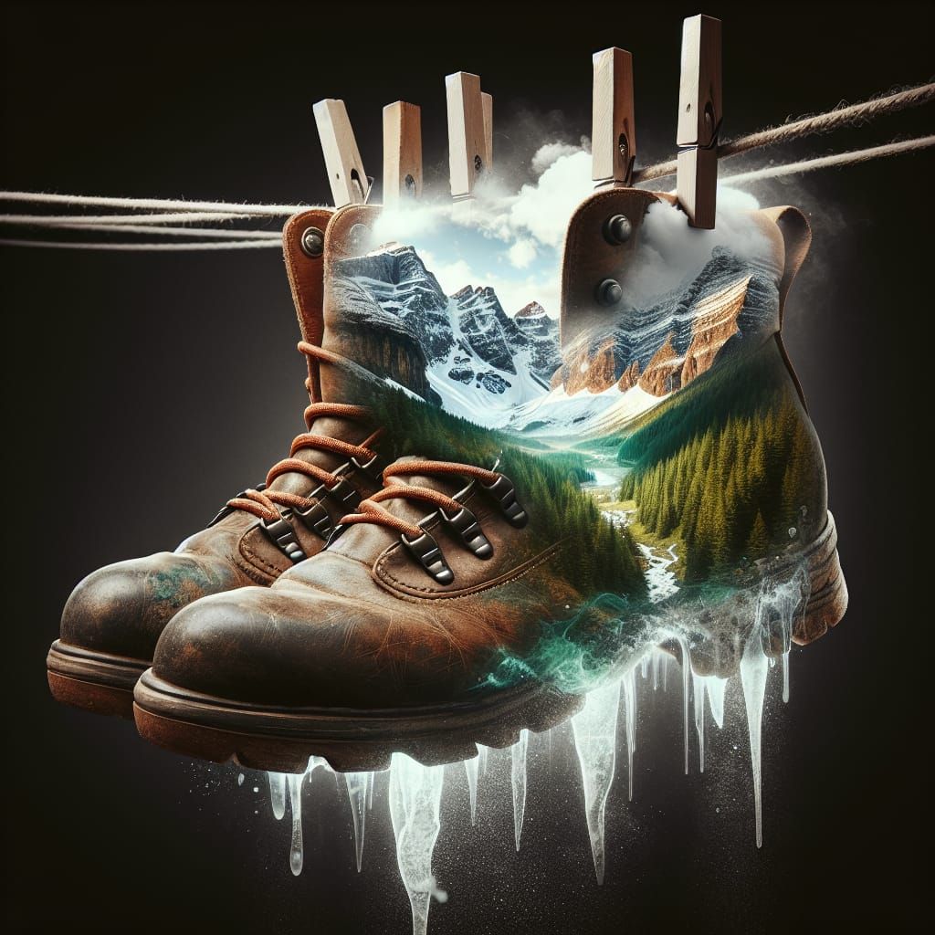 3D Double Exposure: Hiking Boots Reveal Alpine Peaks