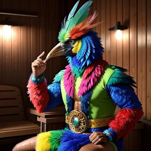 Photorealistic Bird-Man Hybrid Portrait in Sauna