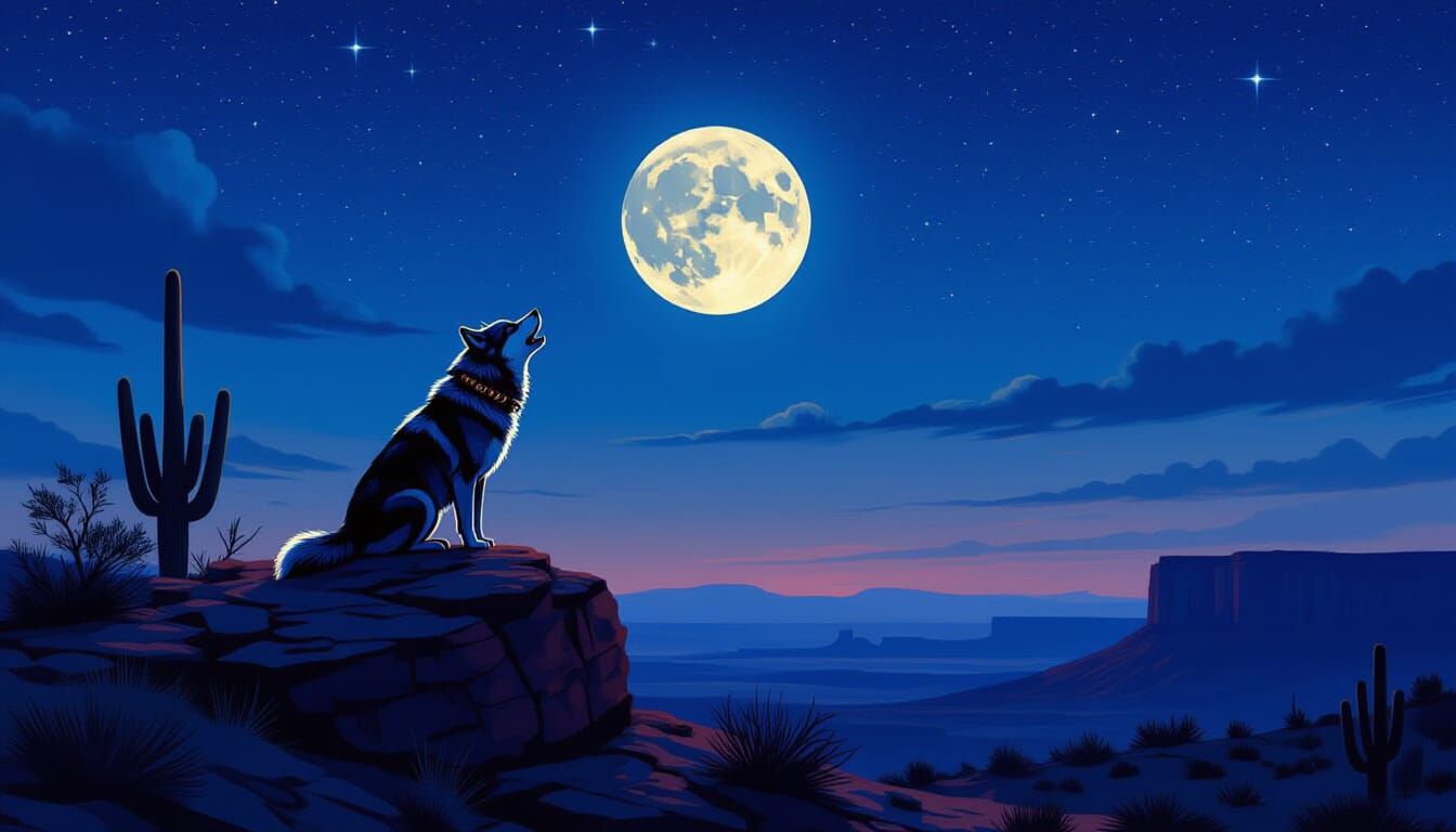 Lone Wolf Howling at Moon in Starry Sky