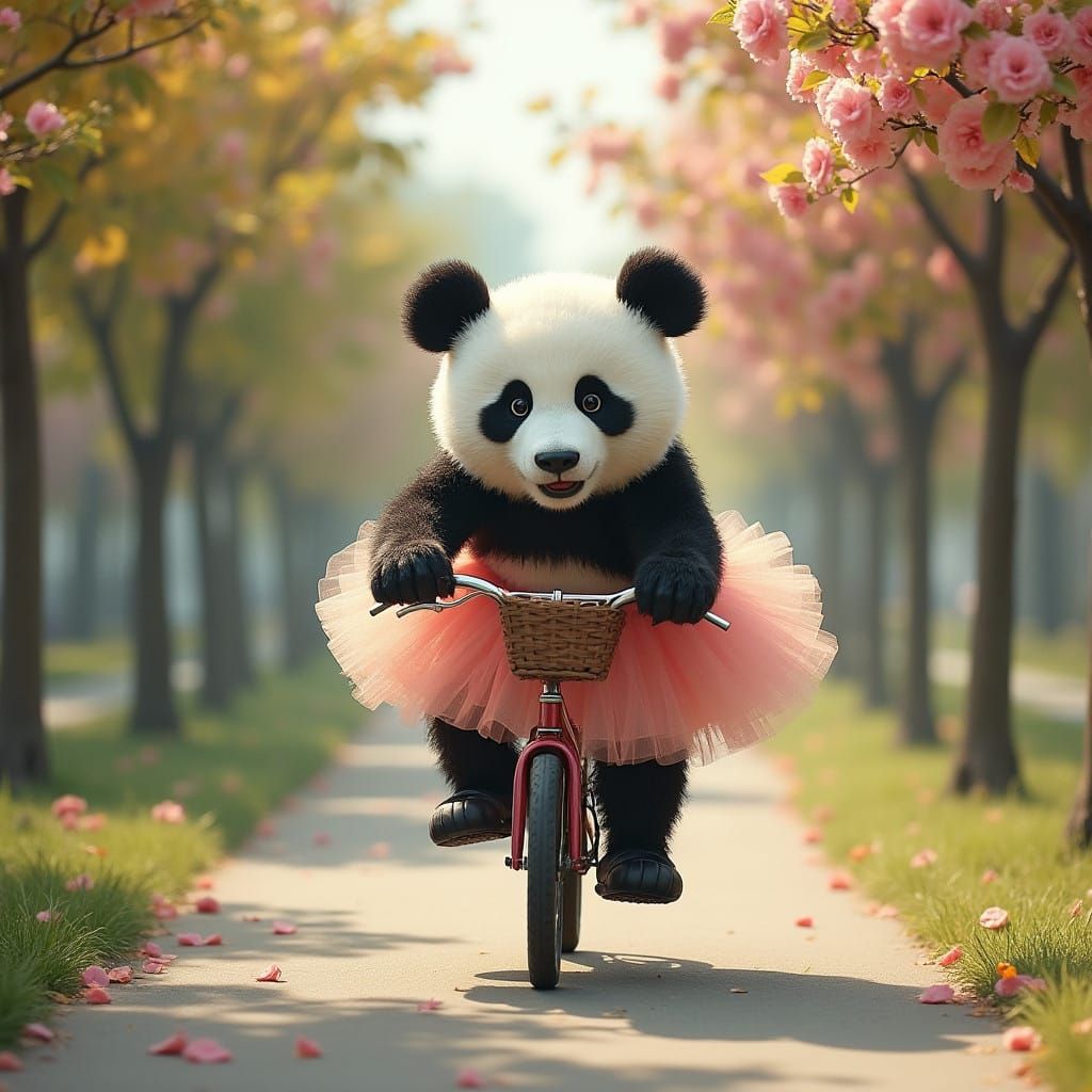 Panda Bear Rides Bike Down Floral Sidewalk in Whimsical Scen...